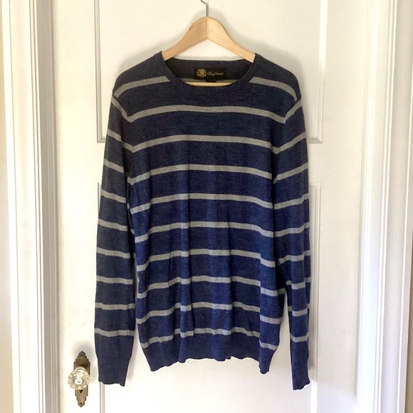Oleg Cassini Men Sweater M Blue Gray Striped Cashmere Blend Lightweight Pullover - Picture 2 of 14